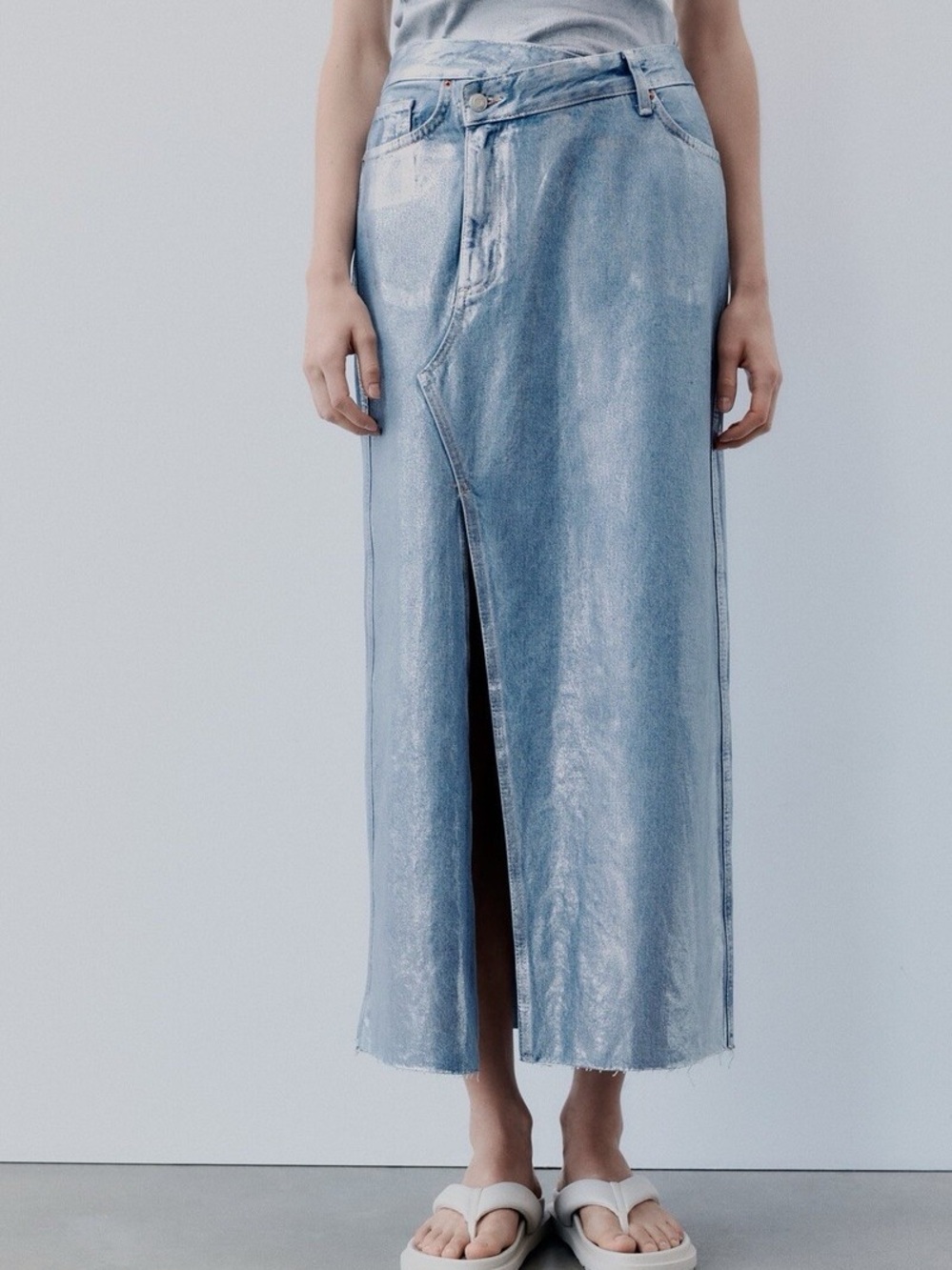 Zara Light Blue Denim Midi Skirt with Center Front Slit